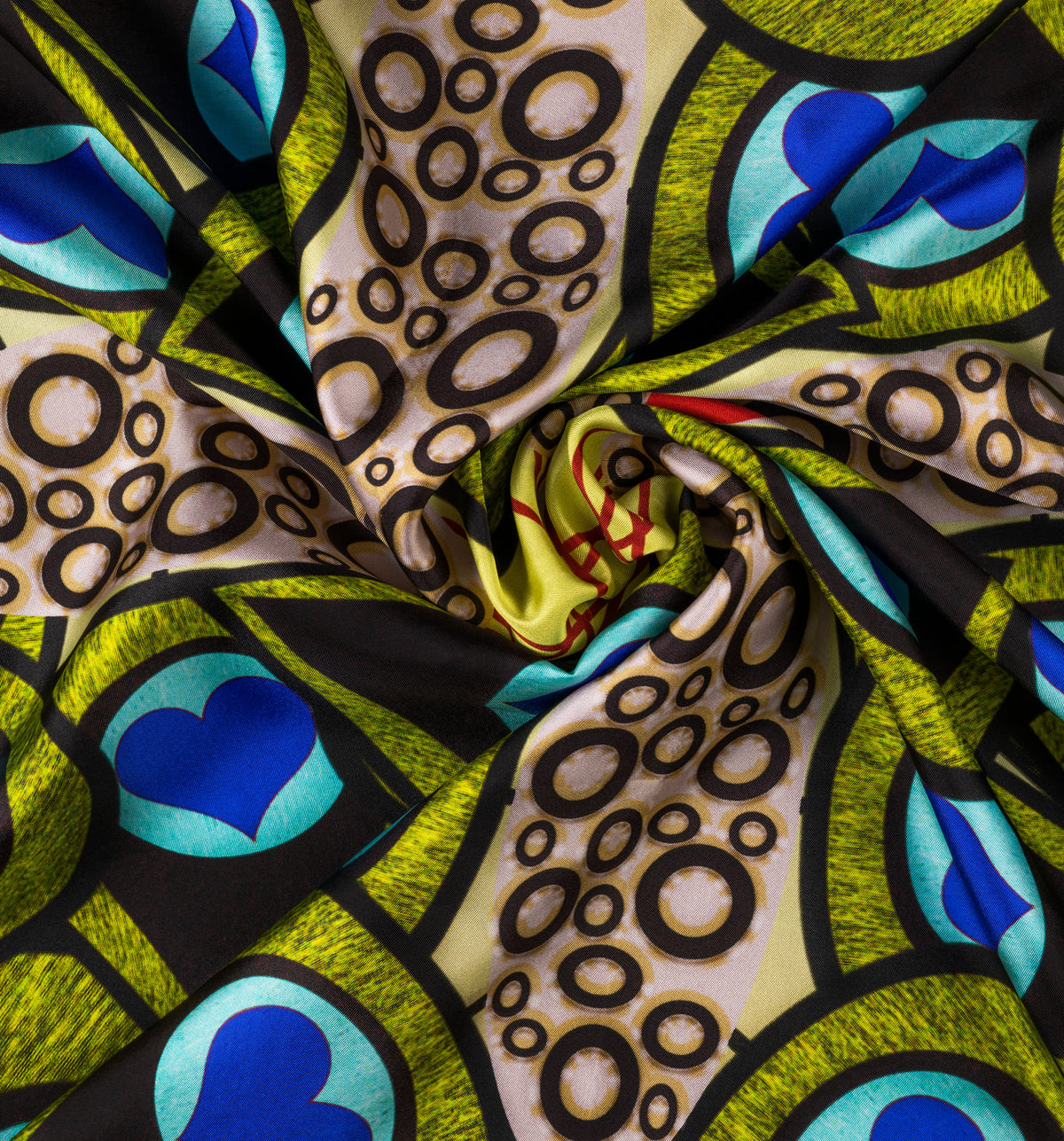 DWAEP Dancing Peacock silk twill scarf shown in a draped close-up