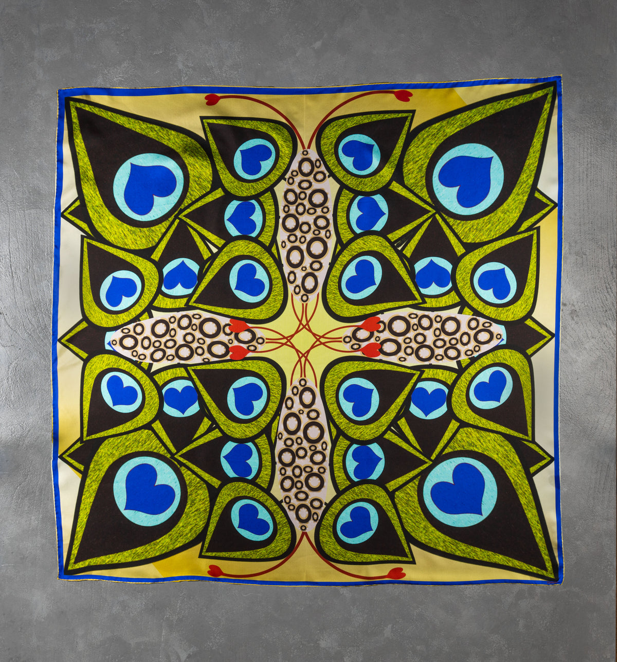 DWAEP Dancing Peacock silk square scarf shown flat, full print