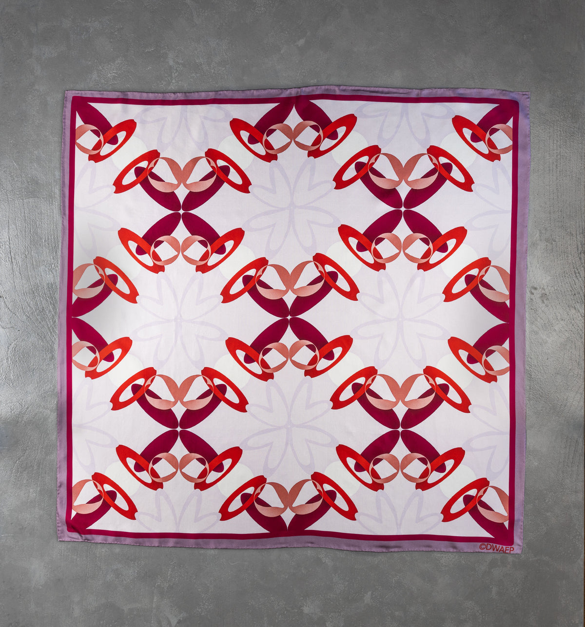 DWAEP Dreamy Rings silk square scarf shown flat, full print