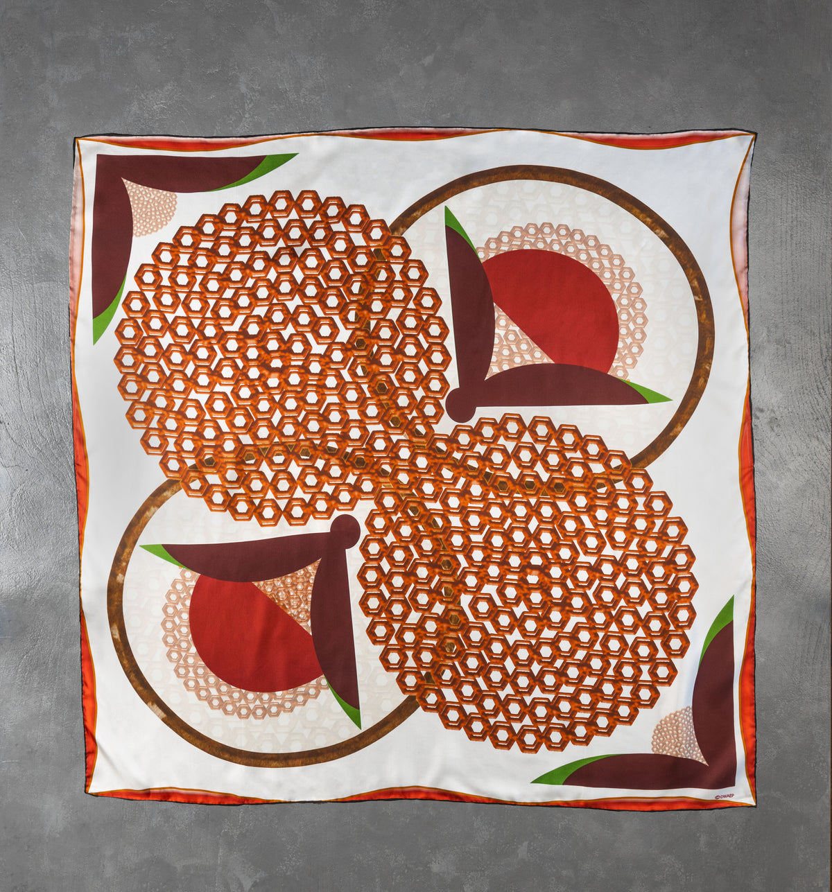 DWAEP Laliguras silk square scarf shown flat, full print