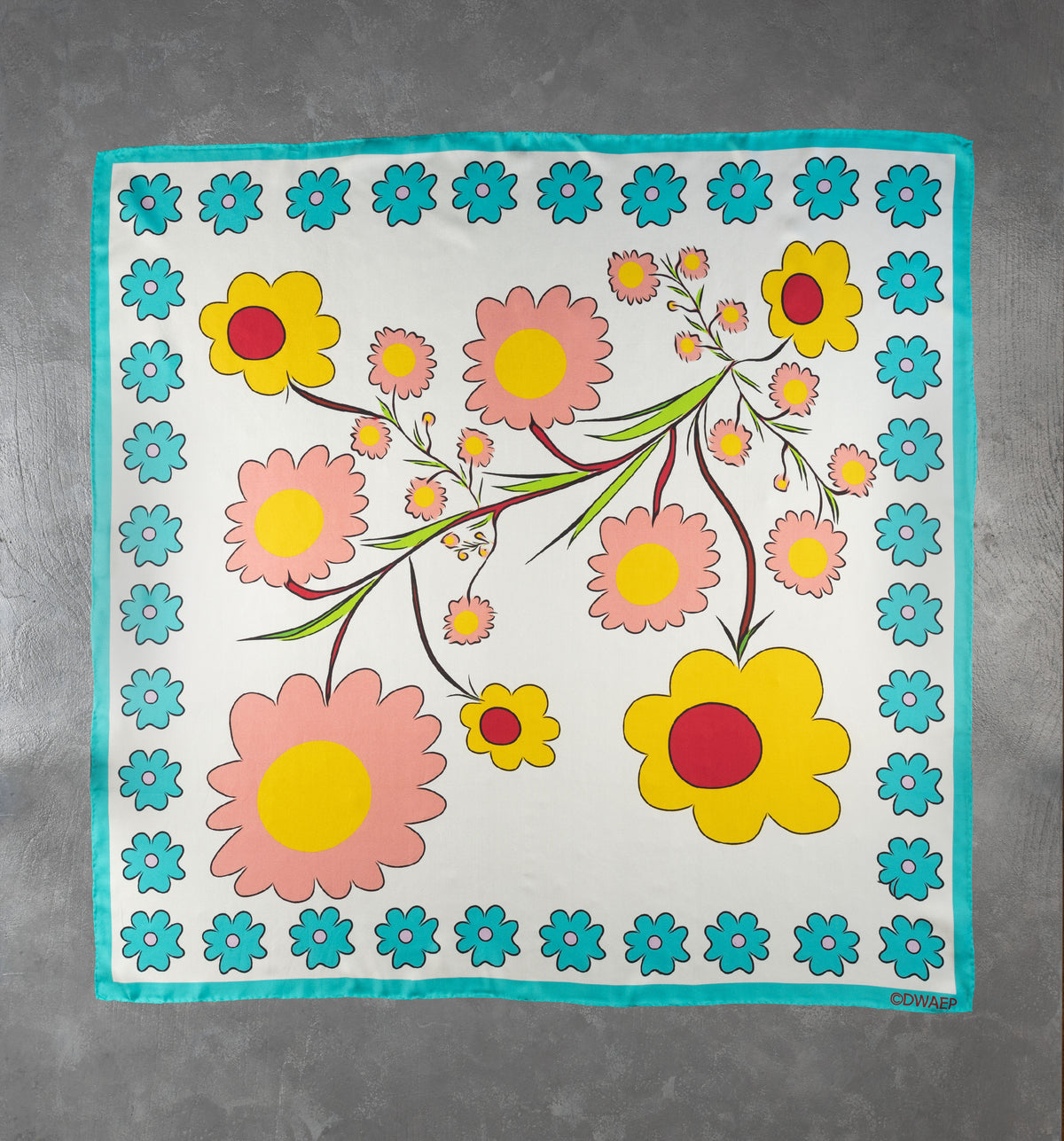 DWAEP Spring Fun silk square scarf shown flat, full print