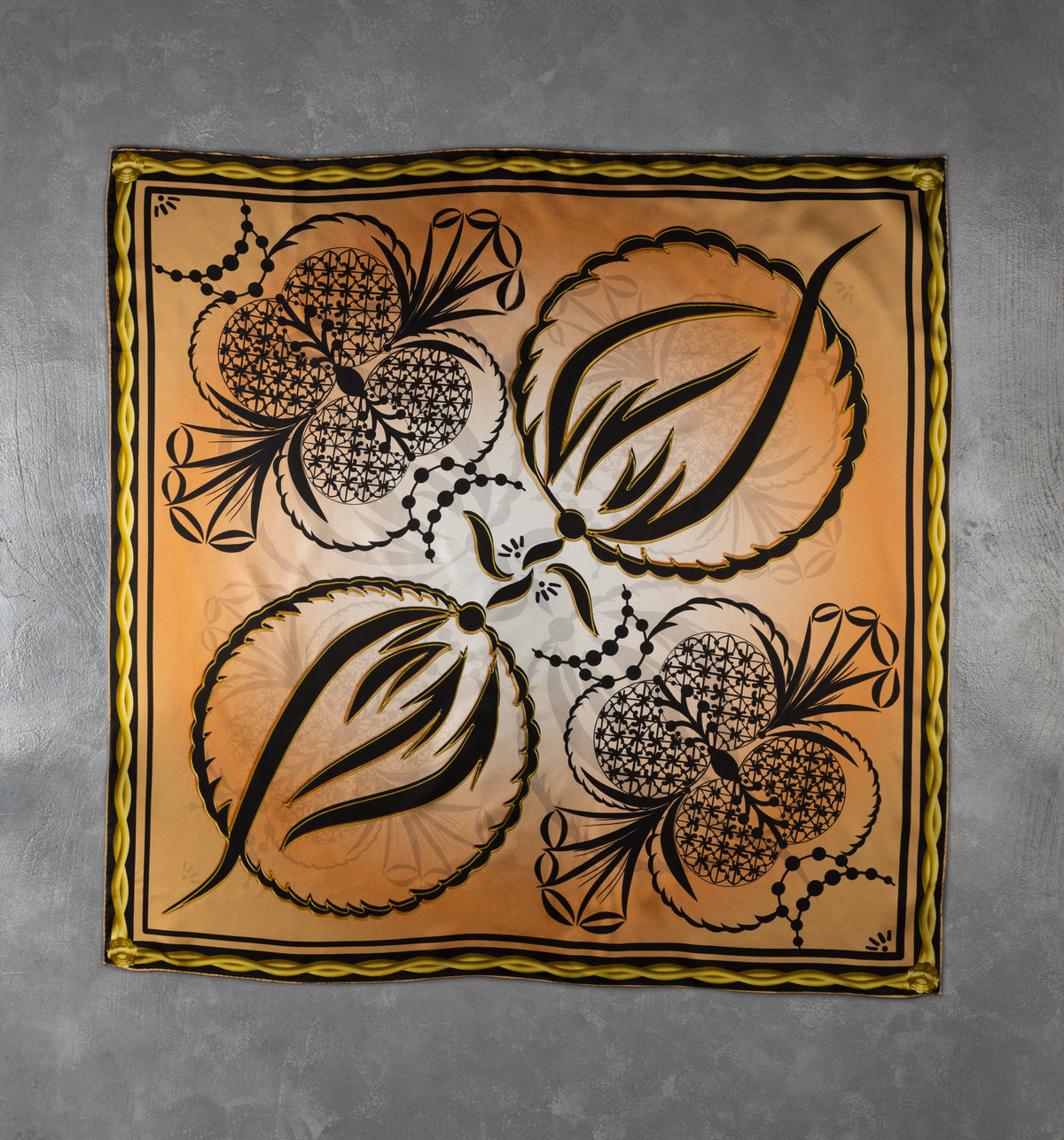 DWAEP Vajra silk square scarf shown flat, full print