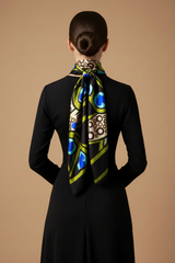 DWAEP Dancing Peacock silk scarf styled on a model