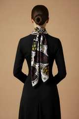 DWAEP Hearts and Shades silk scarf styled on a model
