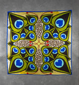 DWAEP Dancing Peacock silk square scarf shown flat, full print