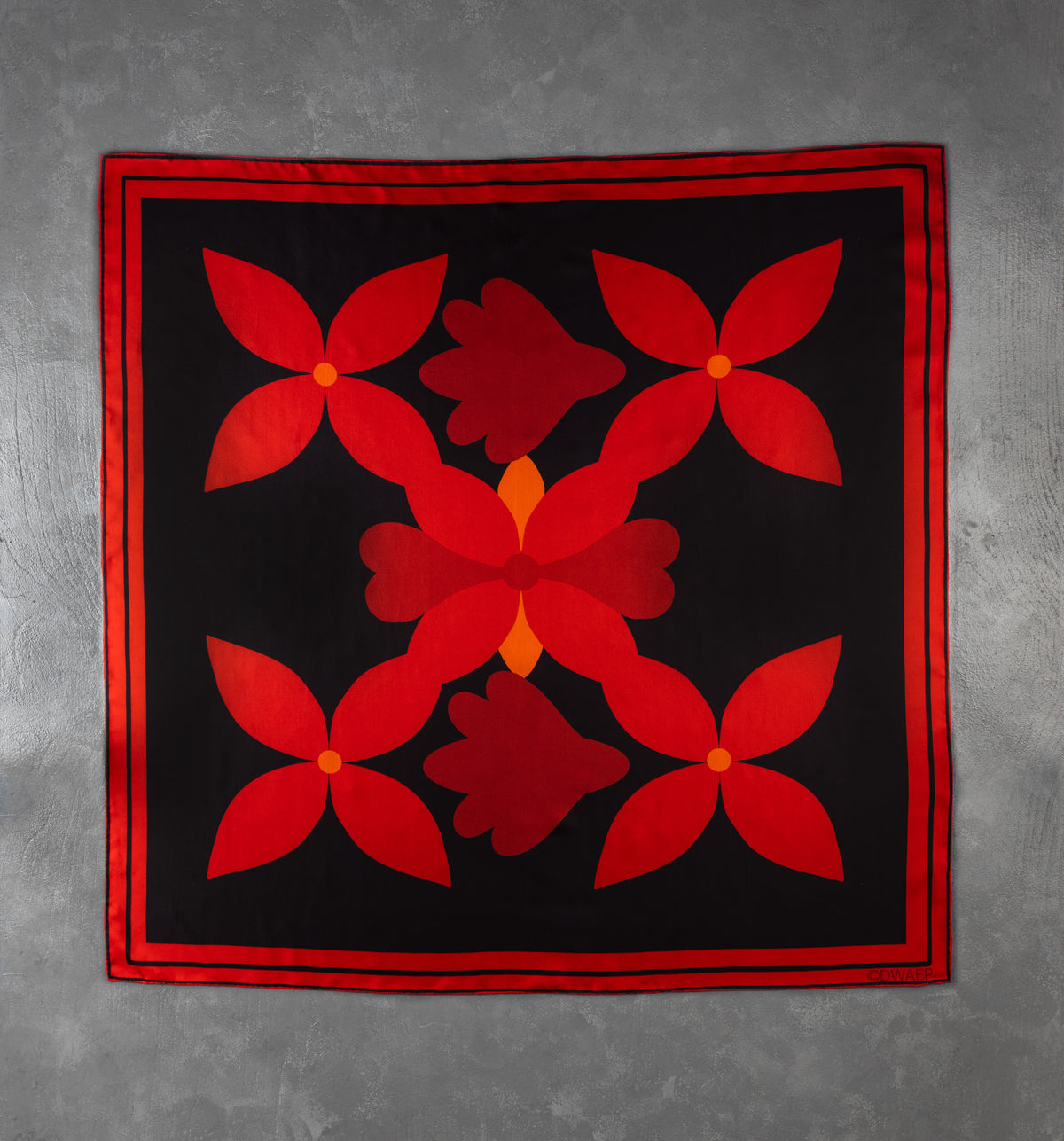 DWAEP Flowers of Dark silk square scarf shown flat, full print
