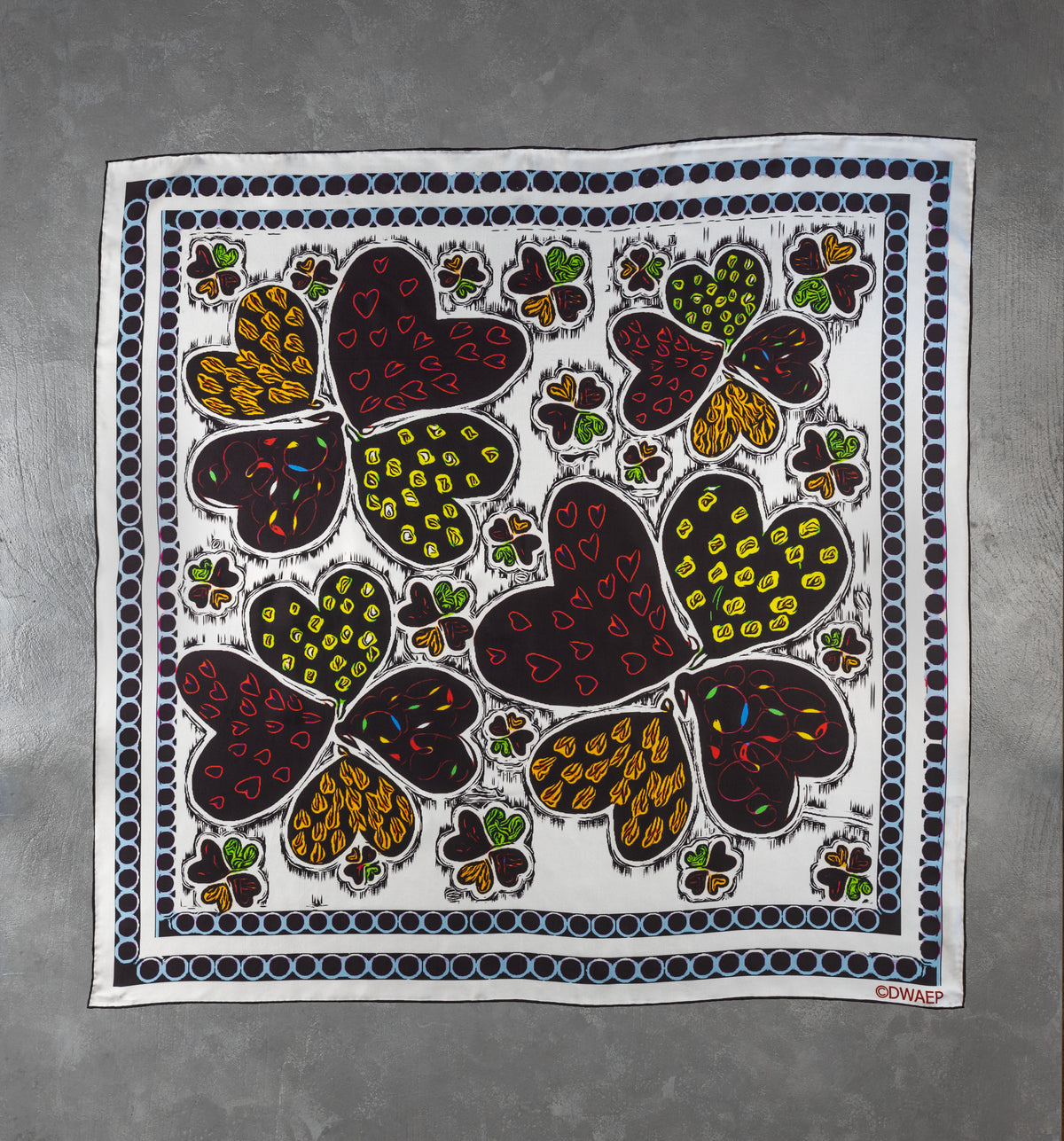 DWAEP Hearts and Shades silk square scarf shown flat, full print
