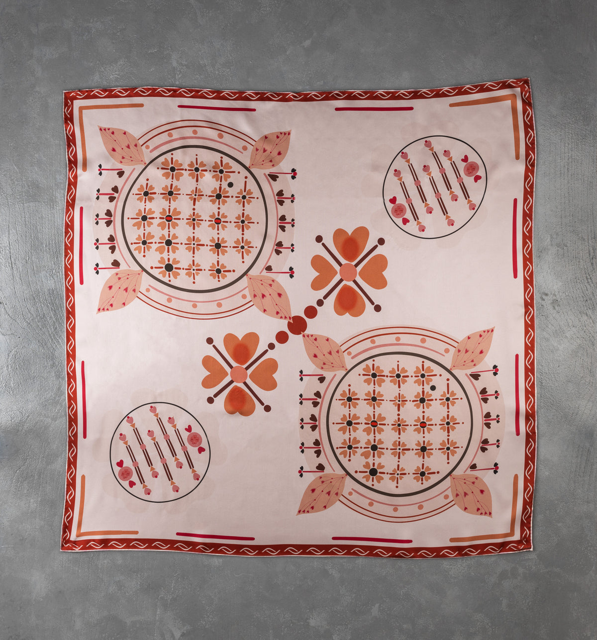 DWAEP Mood silk square scarf shown flat, full print