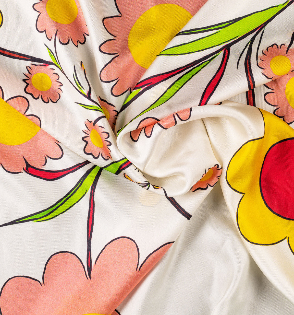 DWAEP Spring Fun silk twill scarf shown in a draped close-up