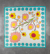 DWAEP Spring Fun silk square scarf shown flat, full print