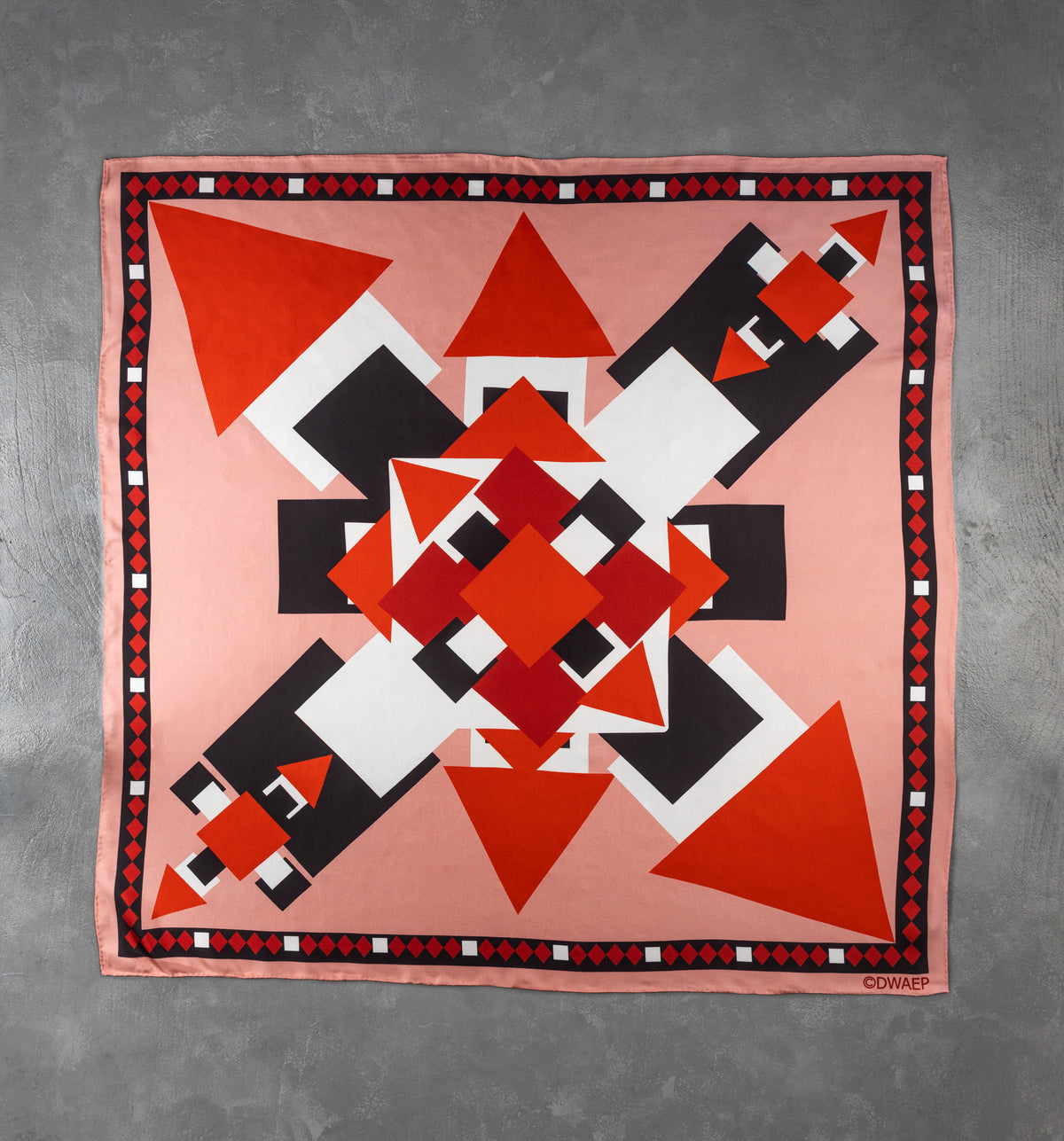DWAEP Warmth of Clay silk square scarf shown flat, full print